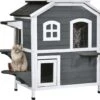PawHut Kattenhuis Voor Buiten Kattenhut Met 2 Verdiepingen Kattenvilla, Asfaltdak, Massief Hout Grijs D30-236 -Huisdierbenodigdheden 1200x1065