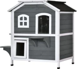 PawHut Kattenhuis Voor Buiten Kattenhut Met 2 Verdiepingen Kattenvilla, Asfaltdak, Massief Hout Grijs D30-236 -Huisdierbenodigdheden 1200x1074 2