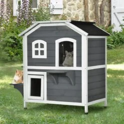 PawHut Kattenhuis Voor Buiten Kattenhut Met 2 Verdiepingen Kattenvilla, Asfaltdak, Massief Hout Grijs D30-236 -Huisdierbenodigdheden 1200x1200 468